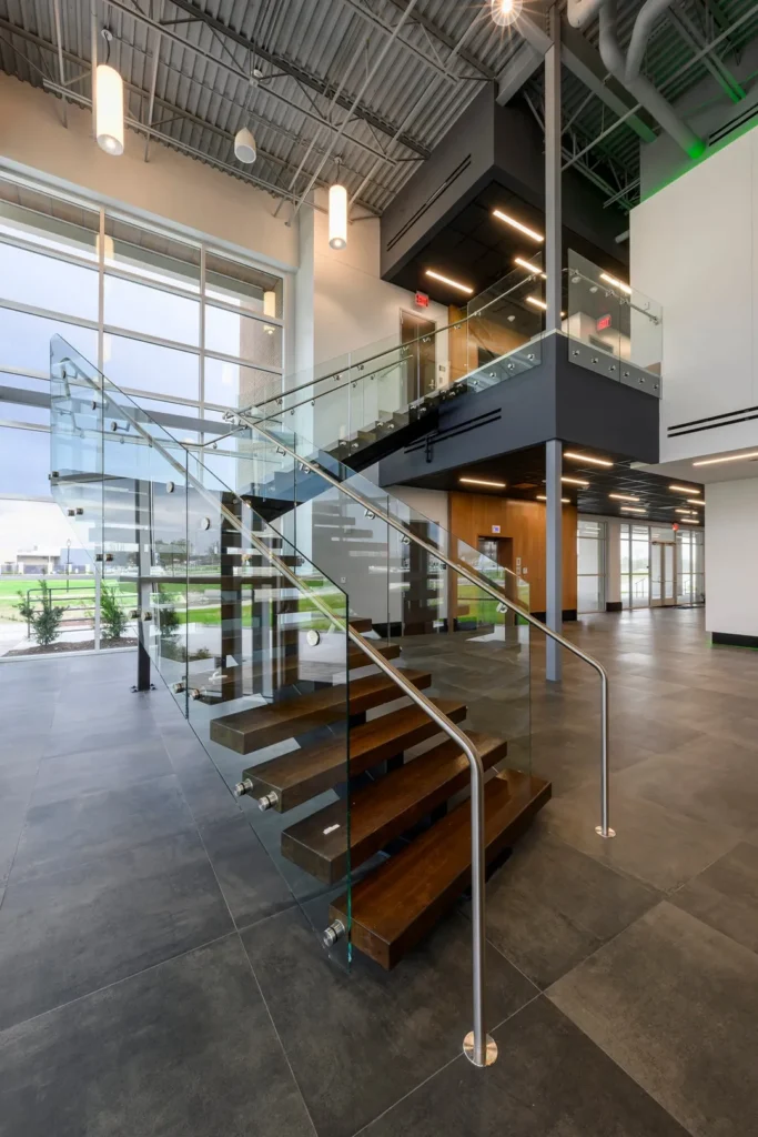 pace center interior staircase with glass balustrades