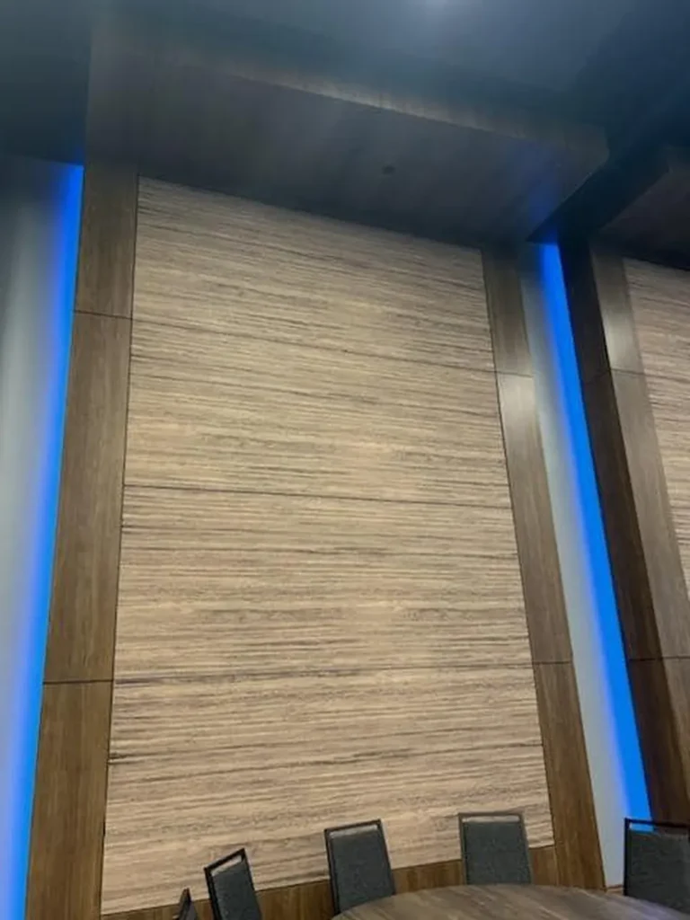 pace center vertical wooden wall blue lighting