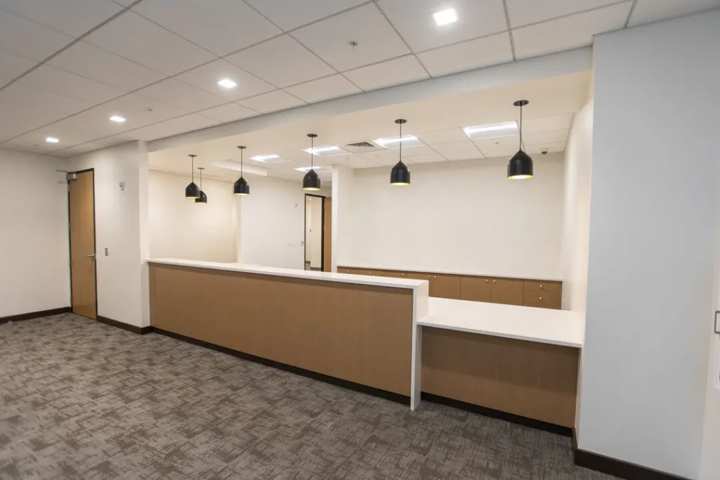 reception area black pendant lights superior millworks baton rouge